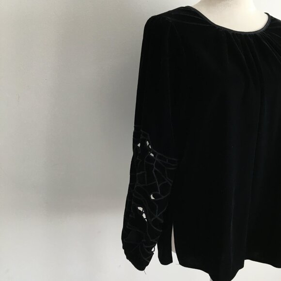 JOIE Black Velvet/Velour Perforated Cut Out Long Sleeve Slit Hem Shirt - Picture 6 of 10